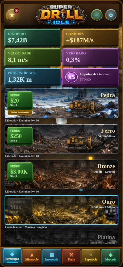 Tela real do Super Drill Idle com a Camada de Ouro desbloqueada